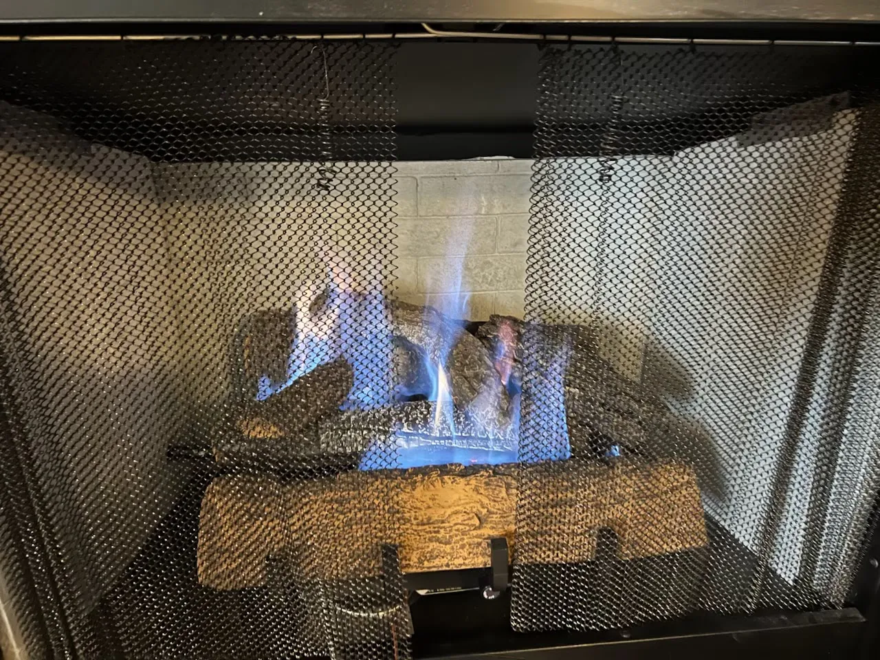 A gas fireplace with blue flames burning across ceramic logs